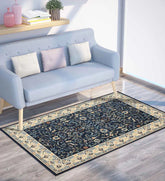 Classic navy and ivory patterned washable rug.
